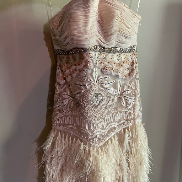 Elegant Cream Feathered Strapless Mini Dress - Picture 2 of 11